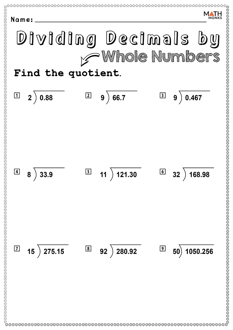 Dividing Decimals With Whole Numbers Worksheet Pdf