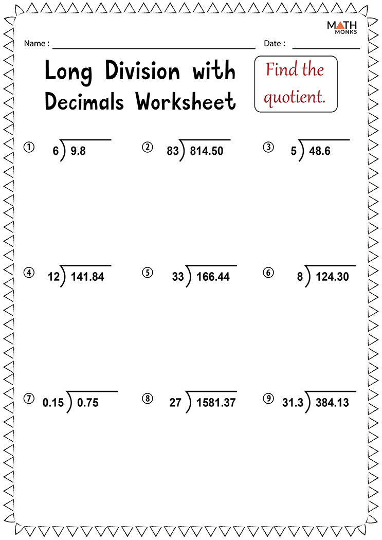 Dividing Decimals By Single Digit Whole Numbers Worksheet