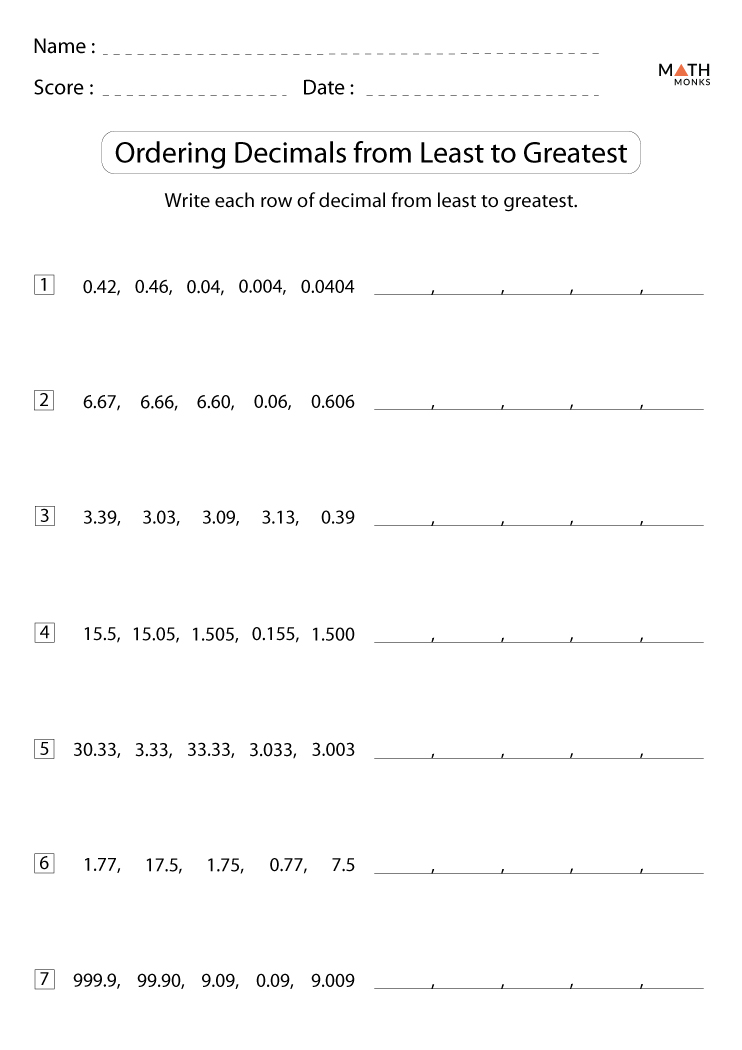 Ordering Decimals Worksheet