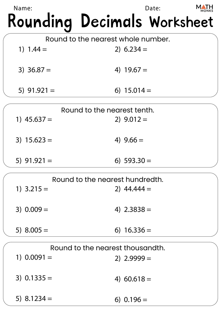Rounding Decimals Worksheets | Math Monks