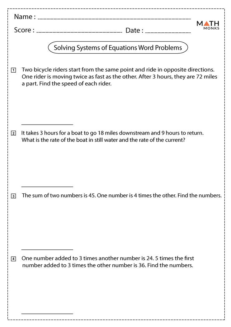 System Of Linear Equations Word Problems Worksheets