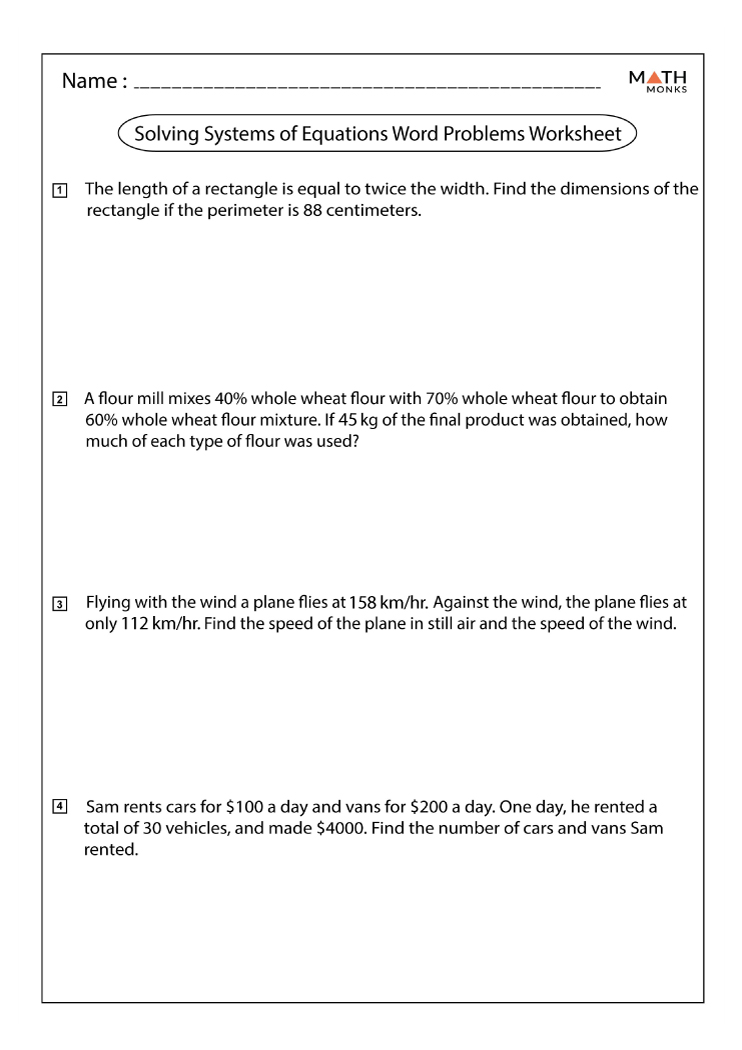 word problems solving systems of equations worksheets