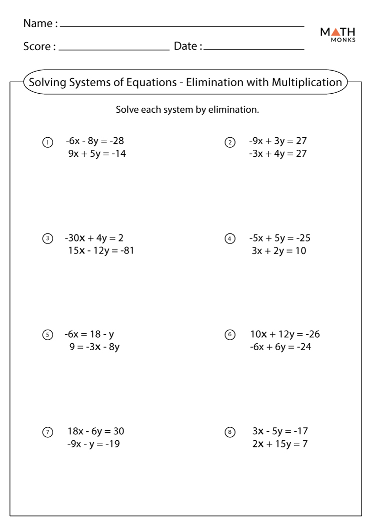 System Of Equations Elimination Method Multiplication Worksheet