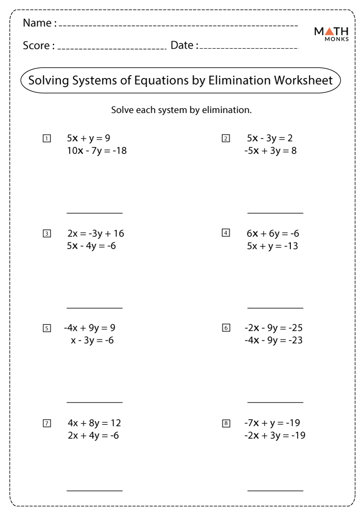 Solving Systems of Equations by Elimination Worksheets | Math Monks