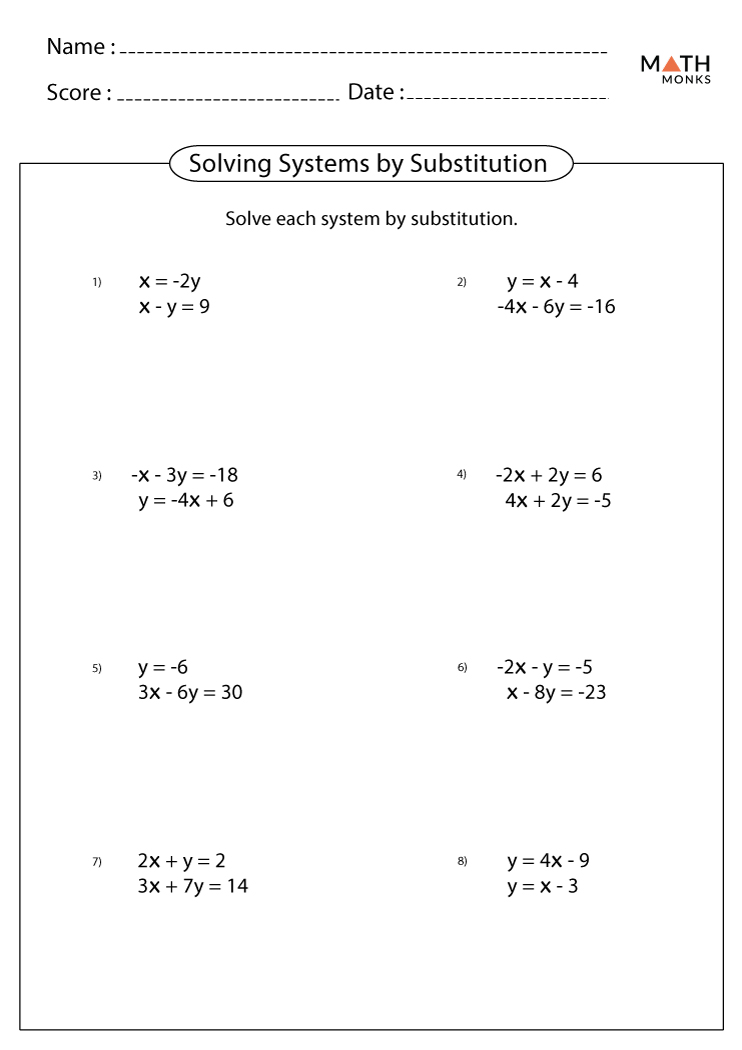Solving Systems of Equations by Substitution Worksheets | Math Monks