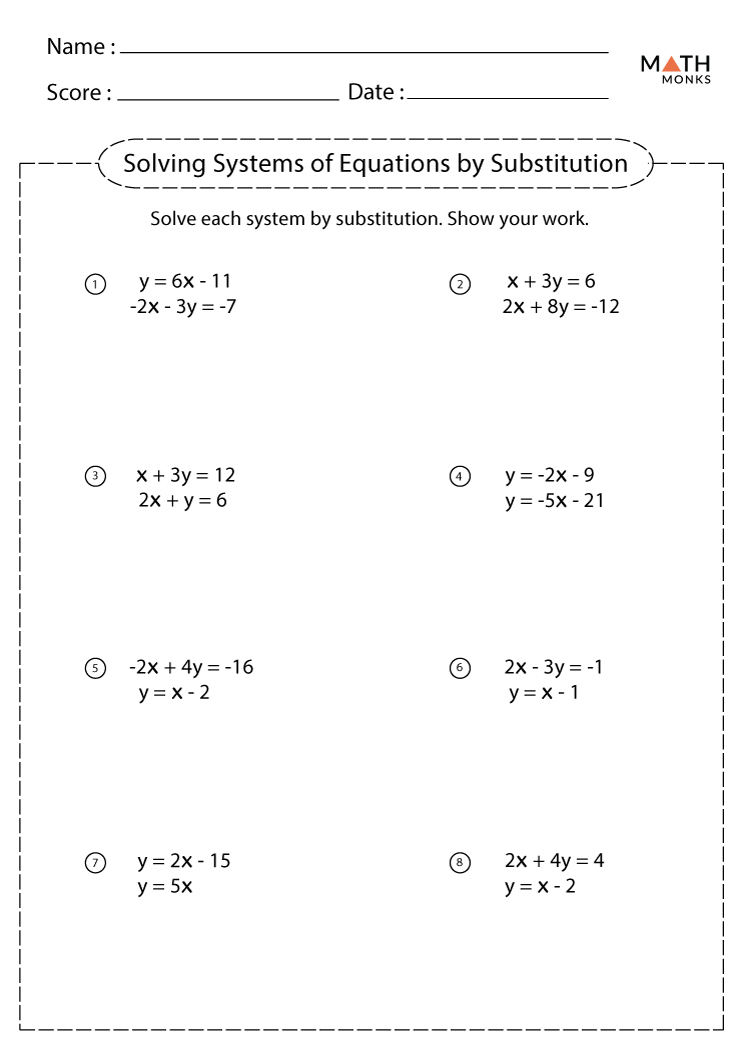 Solving Systems of Equations by Substitution Worksheets | Math Monks