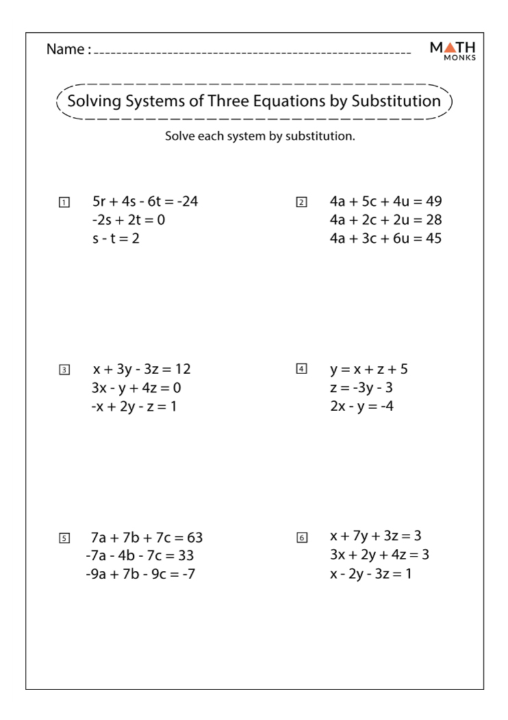 Solving Systems Of Equations By Substitution Worksheets Math Monks 2579