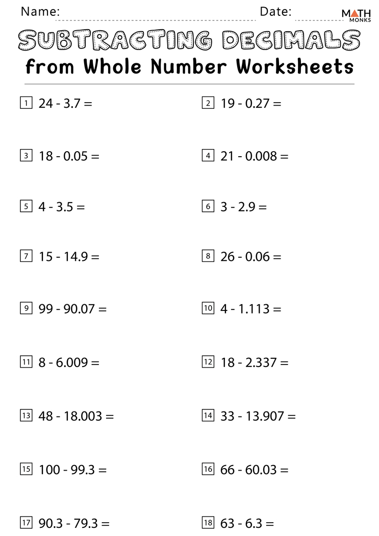 Subtract Decimals From Whole Numbers Worksheet