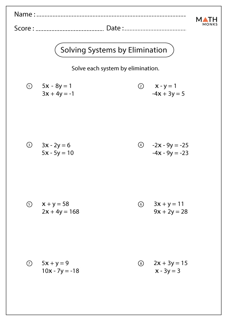 Solving Systems of Equations by Elimination Worksheets | Math Monks