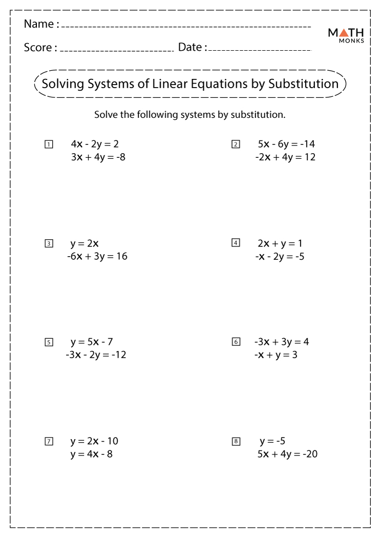 Solving Systems of Equations by Substitution Worksheets | Math Monks