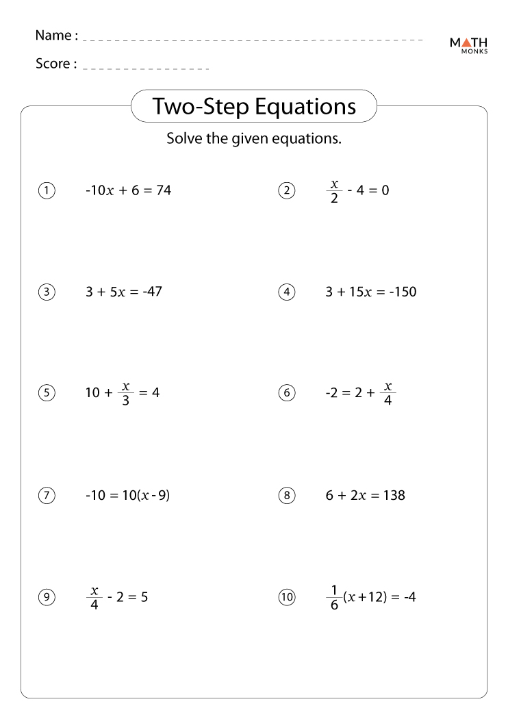 free math worksheets two step equations