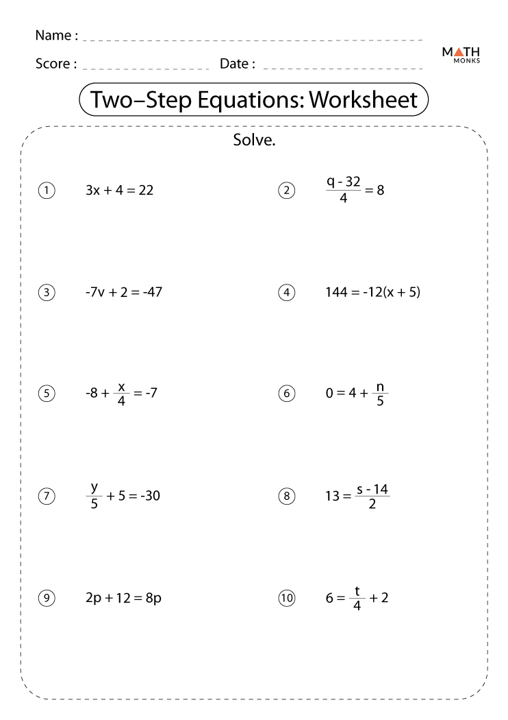 Two Step Equations Worksheets Math Monks