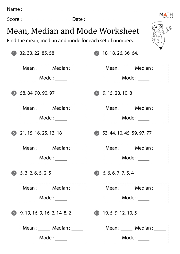mean median mode range problem solving worksheets