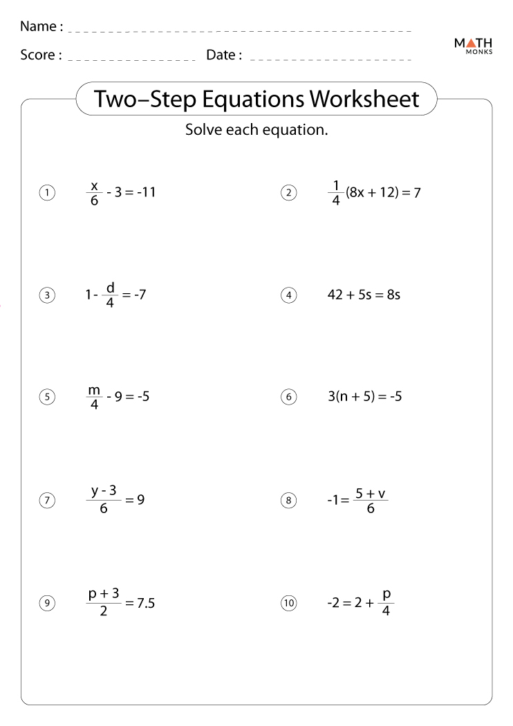 Two Step Equations Worksheets Math Monks