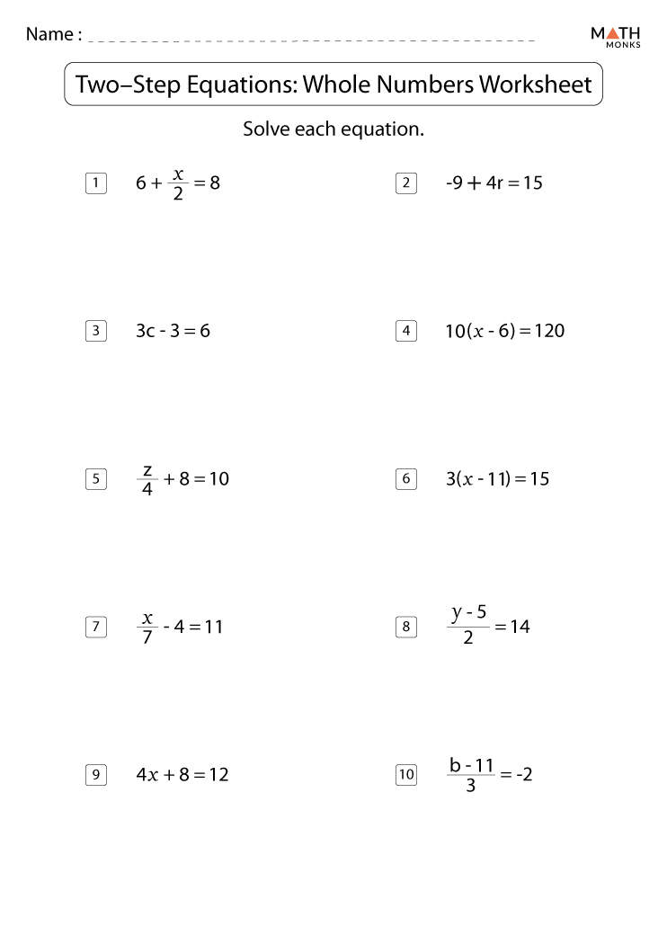 Two Step Equations Worksheets Middle School Multiplication