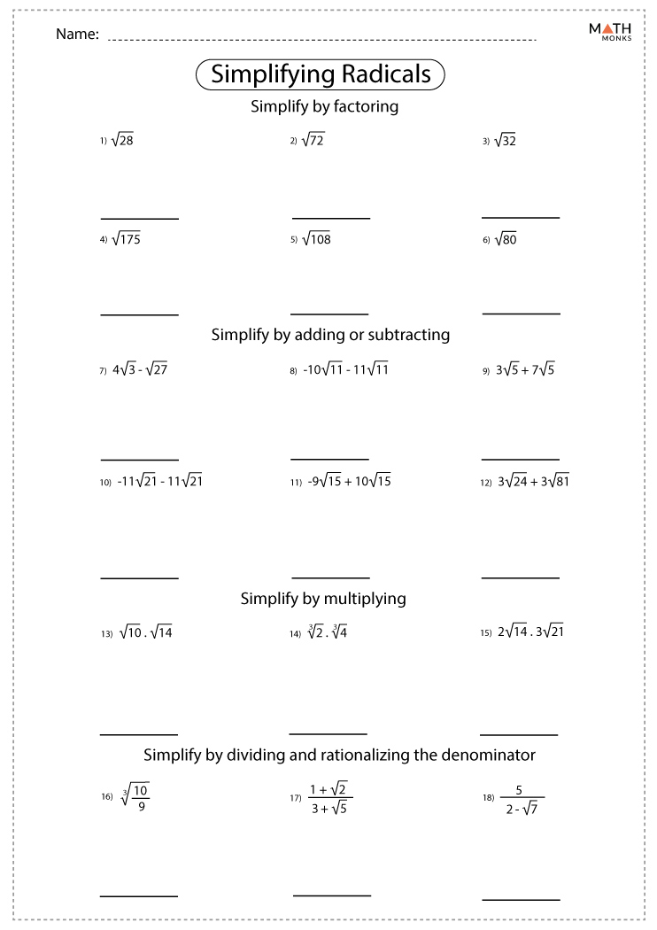 Simplifying Radicals Worksheets | Math Monks