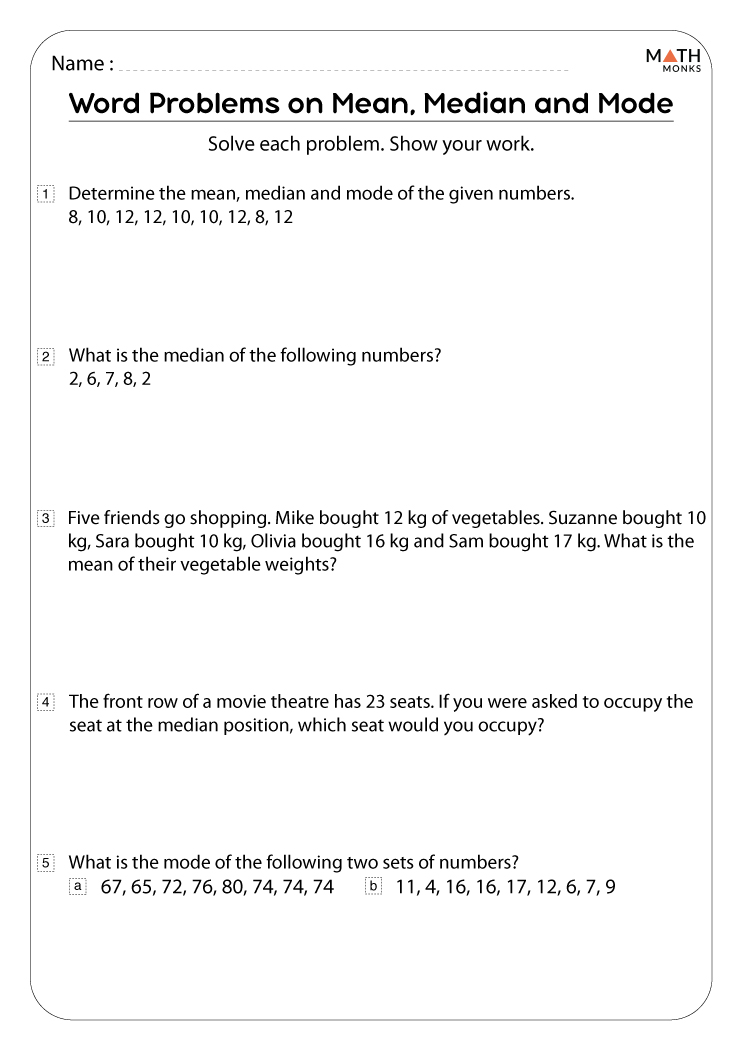 mean median mode range problem solving worksheets