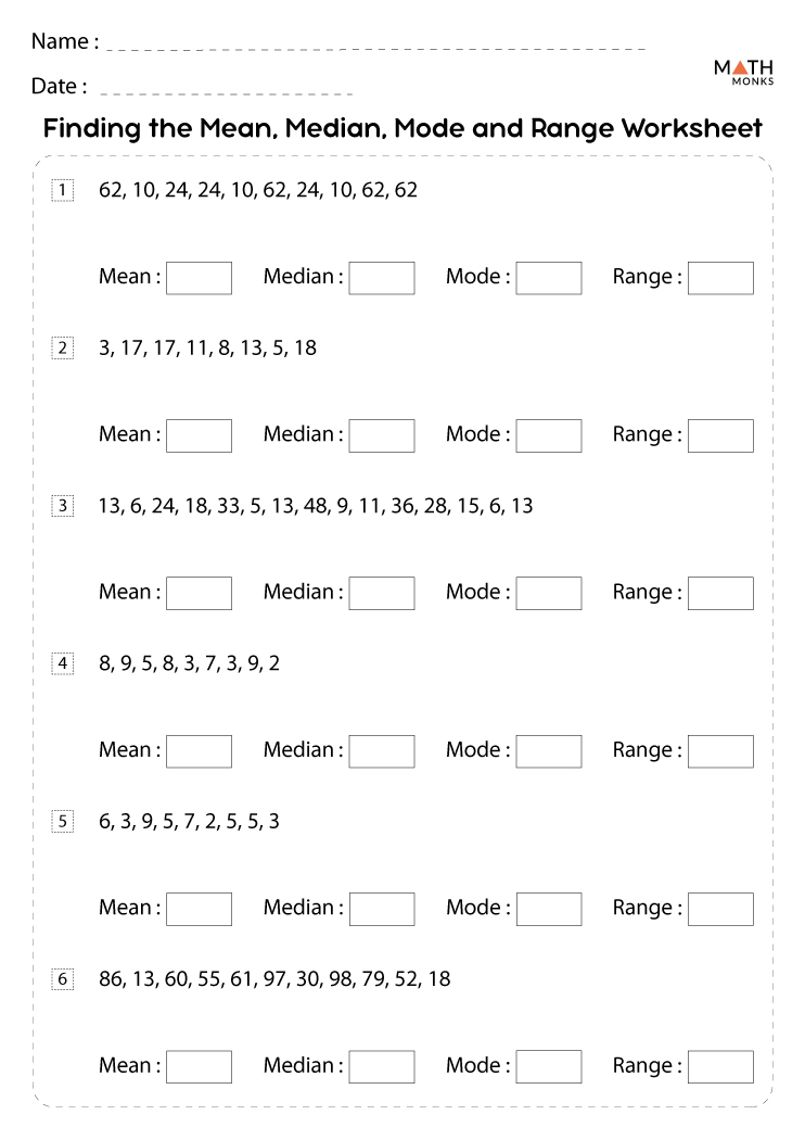 Mean Median Mode Range Worksheets | Math Monks