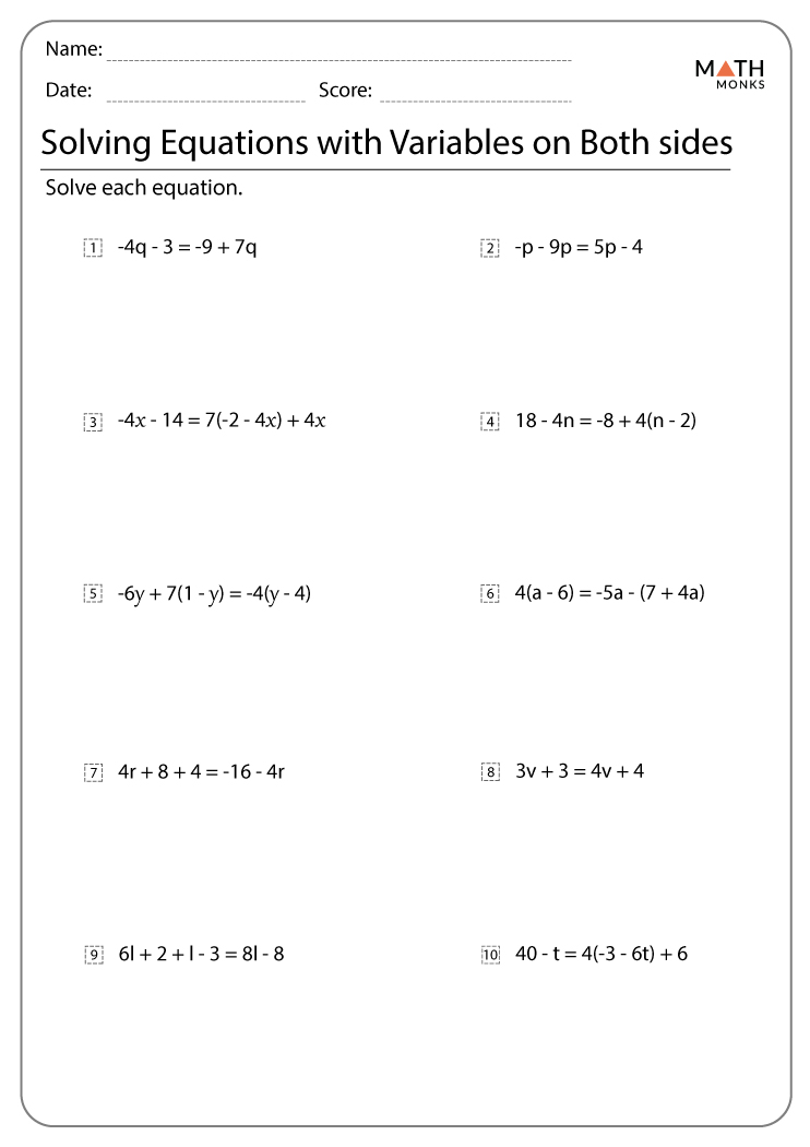 Printable Worksheets Equations With Variables On Both Sides