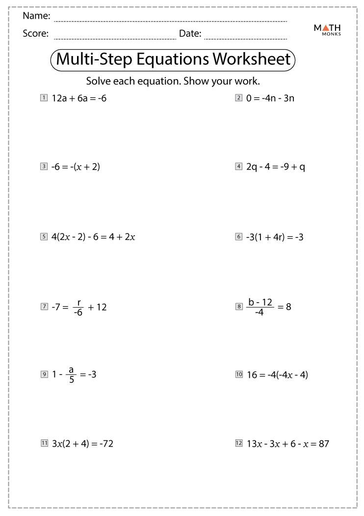 Multi Step Equations Worksheets | Math Monks