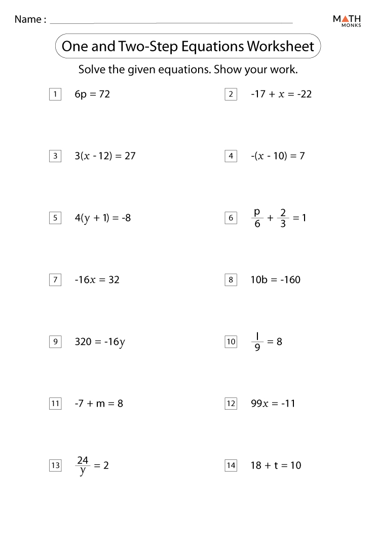 One and Two Step Equations Worksheets - Math Monks In Two Step Equation Worksheet
