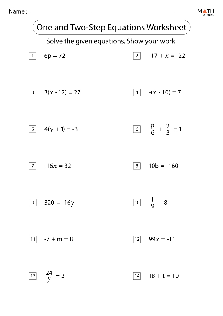 One Step Equations With Whole Numbers Worksheet