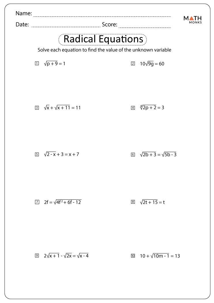 Solving Square Root Equations Worksheet