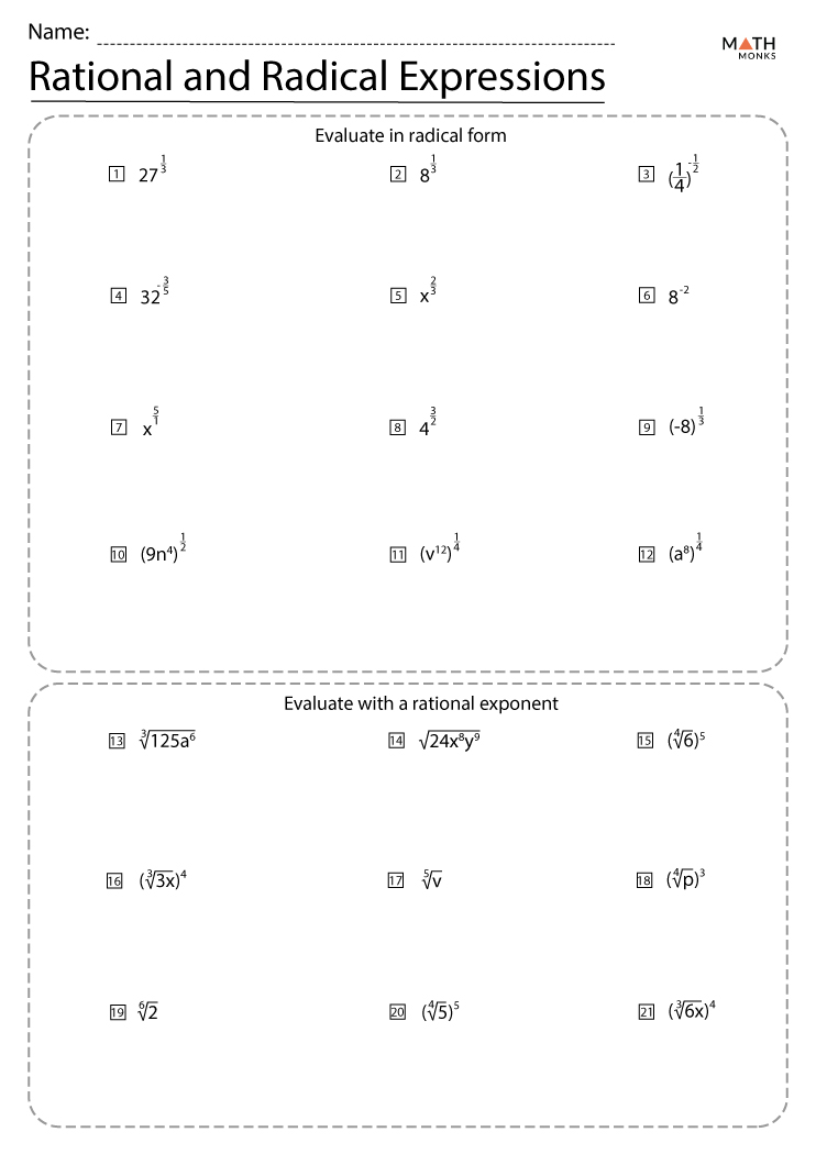 Radicals and Rational Exponents Worksheets | Math Monks