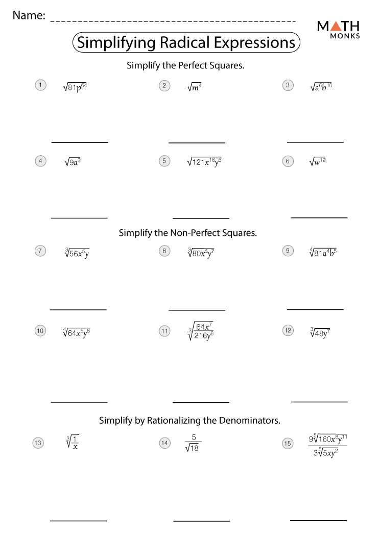 Simplifying Radical Expressions Worksheet