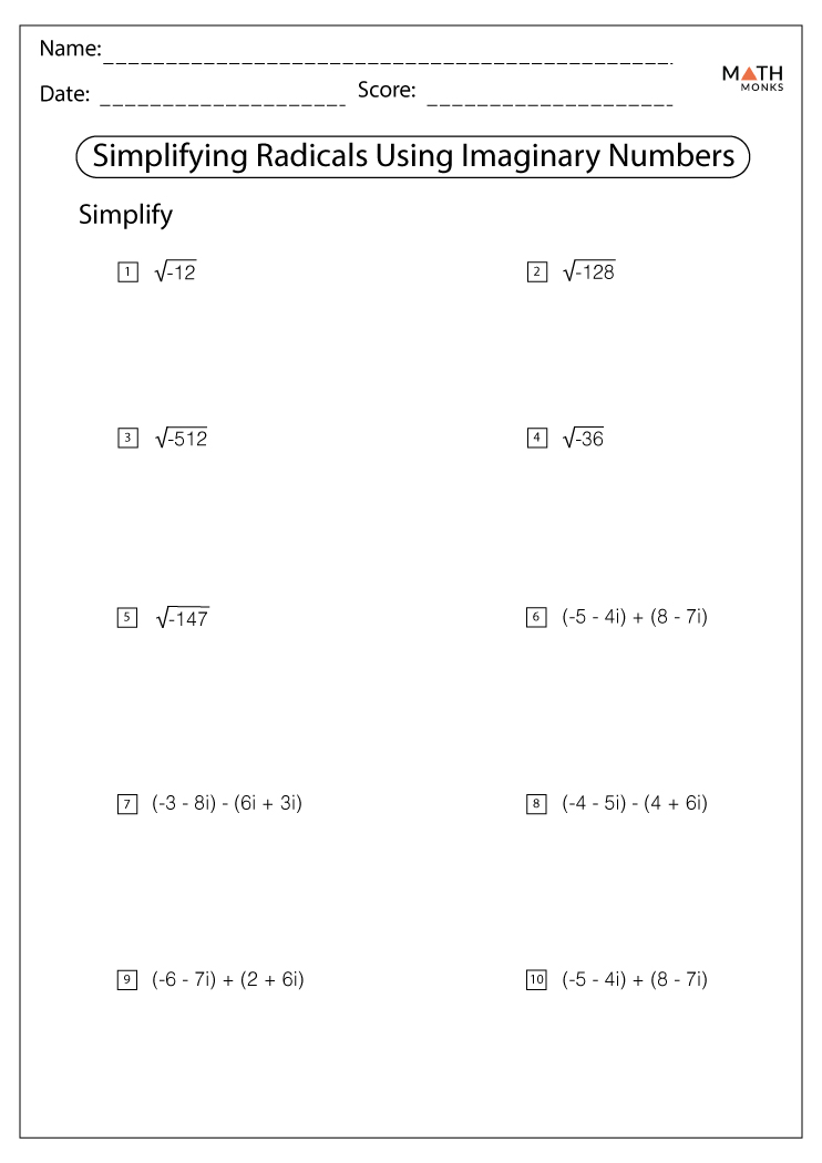 Ap Algebra 2 Simplifying Radicals Imaginary Numbers Worksheet