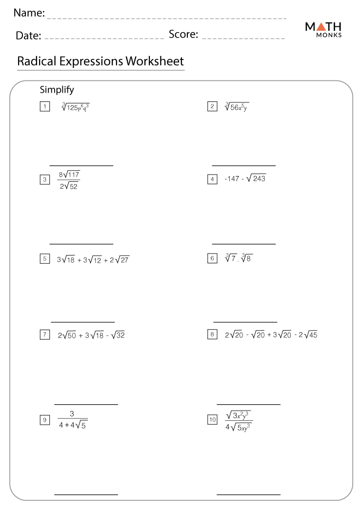 Simplifying Radicals Worksheets Math Monks