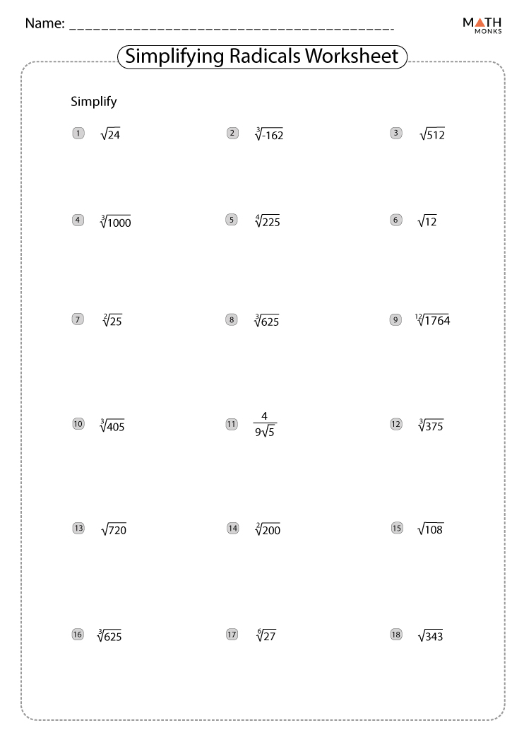 Simplifying Radicals Worksheets With Answers