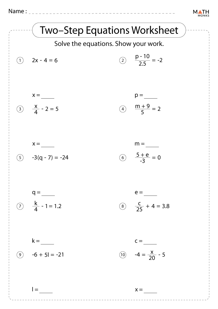 Algebra Two Step Equations Worksheet