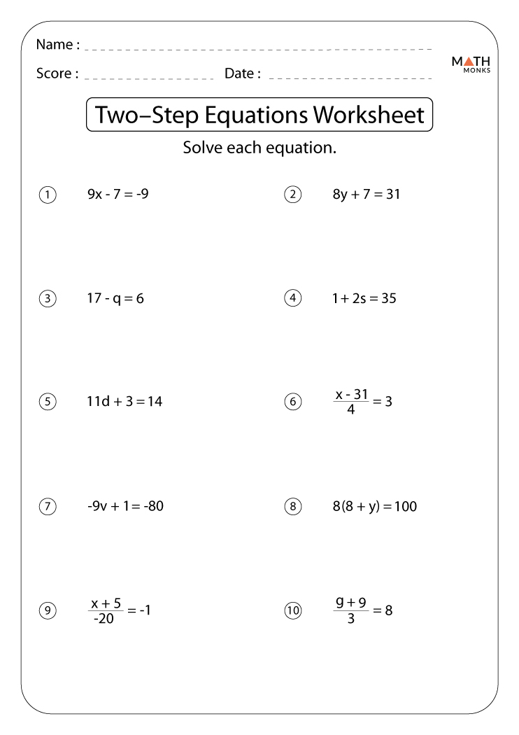 free math worksheets two step equations