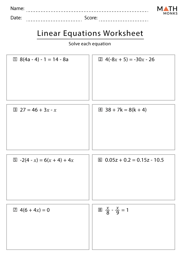 Linear Equations Worksheets with Answer Key