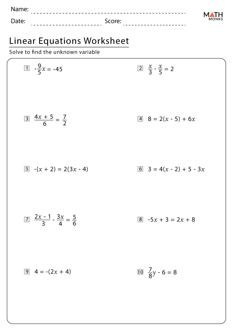 Linear Equations Worksheets With Answer Key 1094