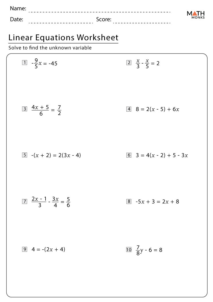 Linear Equations Problems For Class 7