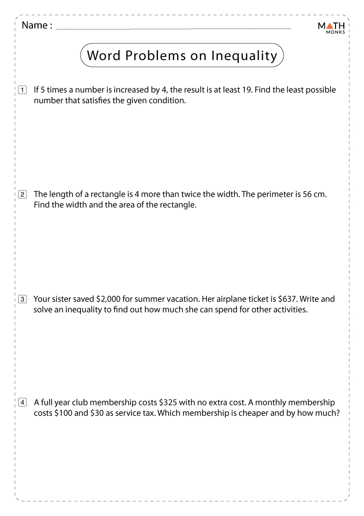 Inequality Word Problems Worksheets with Answer Key