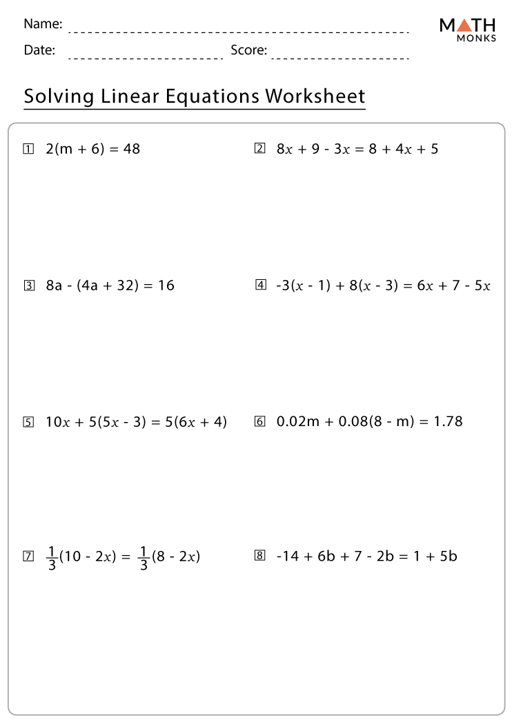 Linear Equations Worksheets with Answer Key
