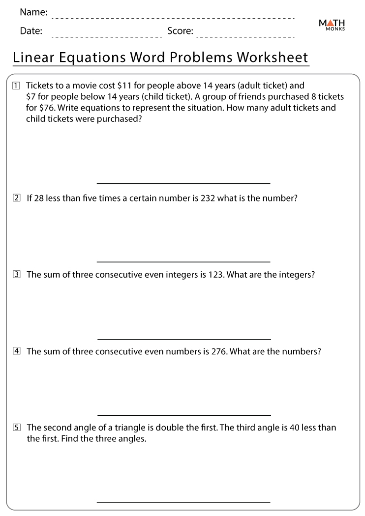 word problems math linear equations