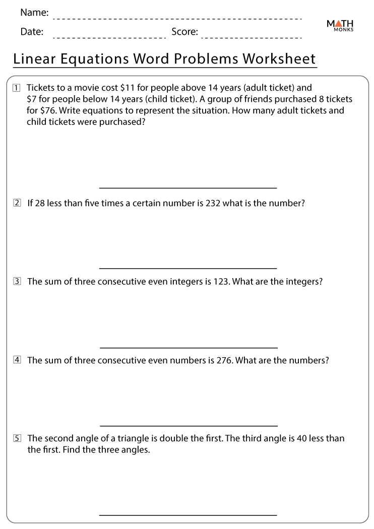 Linear Equations Word Problems Worksheets With Answer Key