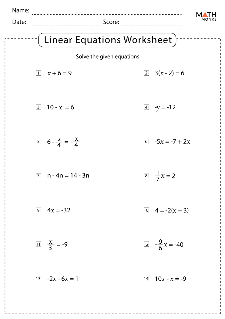 Linear Equations Worksheets with Answer Key