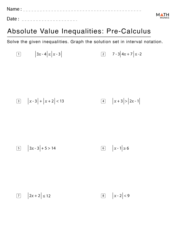 Absolute Value Inequalities Worksheets With Answer Key