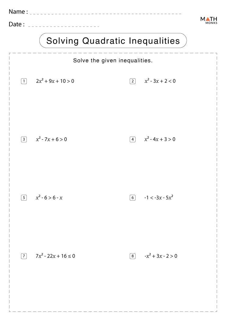 practice worksheet quadratic inequalities