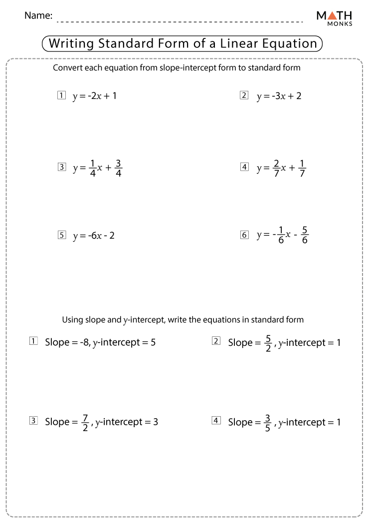 standard form of a linear equation worksheet pdf answer key