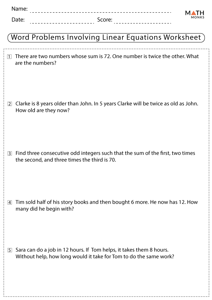 Linear Equations Word Problems Worksheets With Answer Key