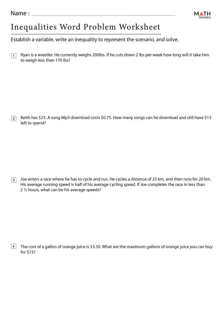 Inequality Word Problems Worksheet Worksheets For Kindergarten