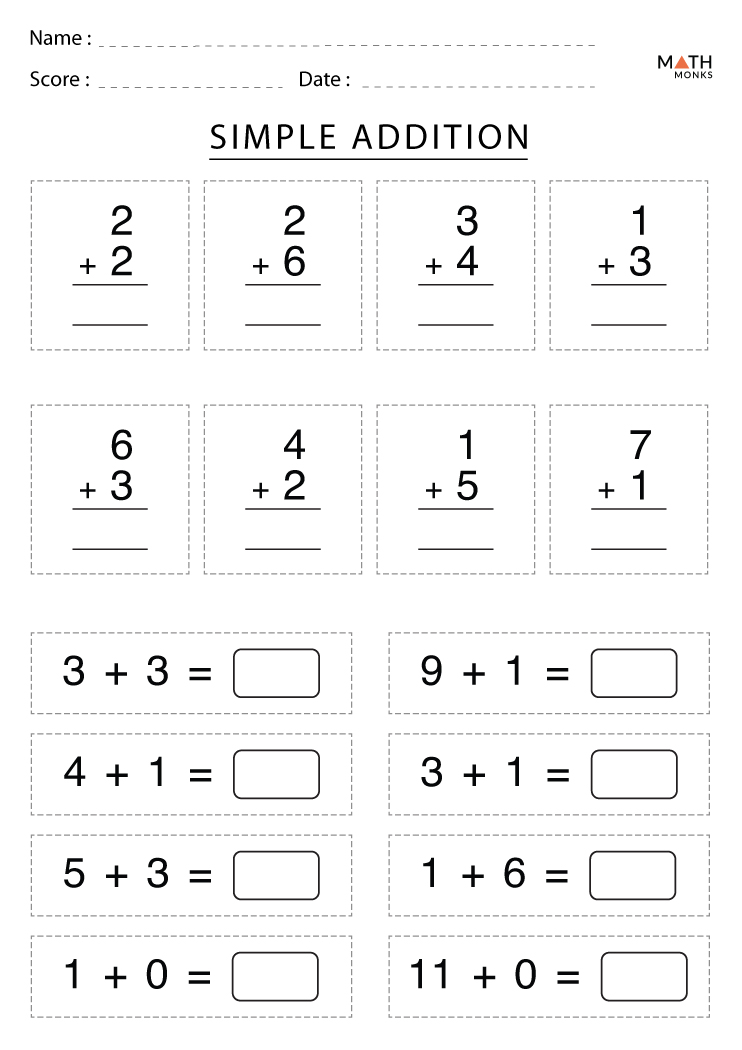 Simple Addition Worksheets Grade 1 Worksheets For Kindergarten