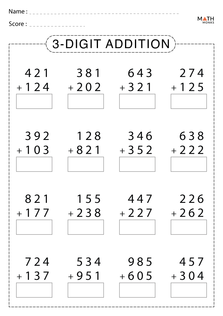 Addition Three Numbers Worksheets