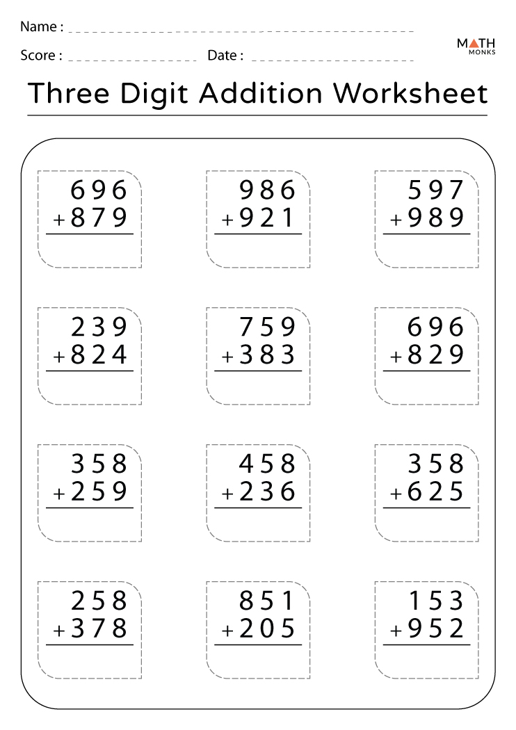 Addition Three Digit Numbers Worksheets